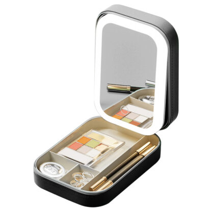 Portable Travel Makeup Bag With LED Mirror Rechargeable Beauty Mirror With 3 Color Light Dimmable Brightness Waterproof Cosmetic Bag With 4 Compartment